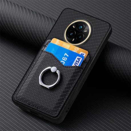 Противоударный чехол Carbon Fiber Card Wallet Ring Holder для Realme 14 Pro+ - черный