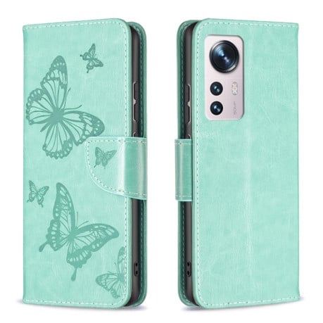 Чехол-книжка Butterflies Pattern на Xiaomi Mi 12 - зеленый