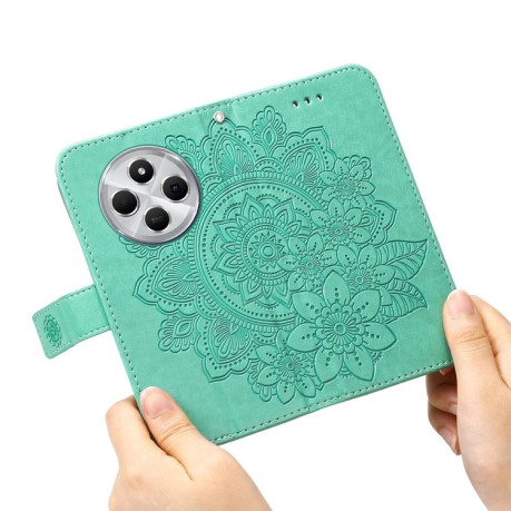 Чехол-книжка 7-petal Flowers Embossing для Xiaomi Redmi 14C 4G/Poco C75/Redmi A4 5G - зеленый