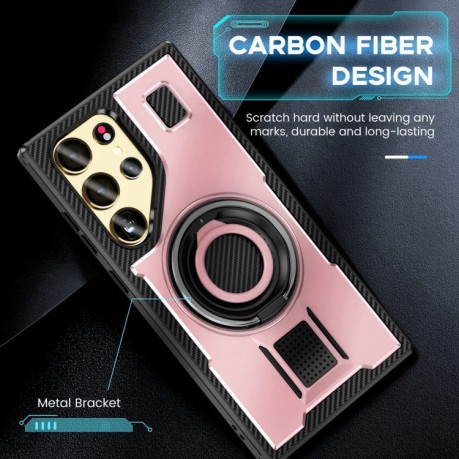 Протиударний чохол Ring Holder Carbon Fiber PC Hybrid TPU  для Samsung Galaxy S25 Ultra 5G - рожеве золото