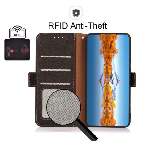 Кожаный чехол-книжка KHAZNEH Genuine Leather RFID для Samsung Galaxy A04s/A13 5G - коричневый