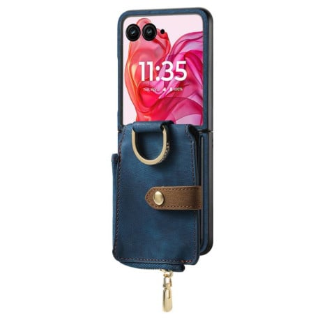 Чехол Cross Leather Ring Vertical Zipper Wallet для Motorola Razr 60 Ultra - синий