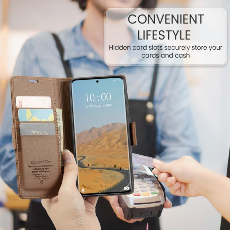 Чехол-книжка CaseMe 023 Butterfly Buckle Litchi Texture RFID Anti-theft Leather для Xiaomi Redmi Note 14 Pro 4G - коричневый