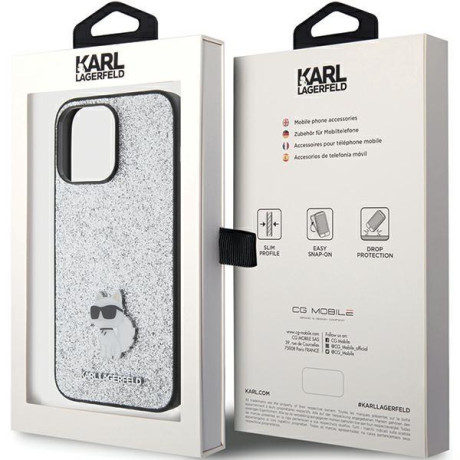 Оригінальний чохол Karl Lagerfeld Fixed Glitter Choupette Logo Metal Pin для iPhone 15 Pro Max - Silver