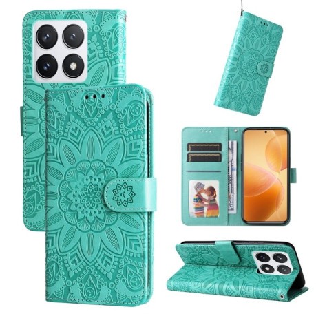 Чехол-книжка Embossed Sunflower для Xiaomi 14T Pro - зеленый