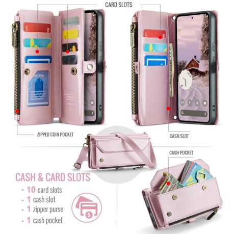 Чехол-книжка CaseMe C36 Card Slots Zipper Wallet RFID Anti-theft Leather для Google Pixel 9a - розовый
