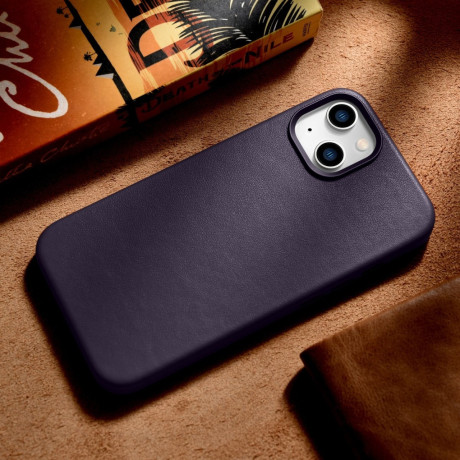 Кожаный чехол iCarer Genuine Leather (MagSafe) для iPhone 14 Plus - темно-фиолетовый