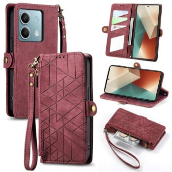 Чехол-книжка Geometric Zipper Wallet Side Buckle Leather для Redmi Note 13 4G - красный