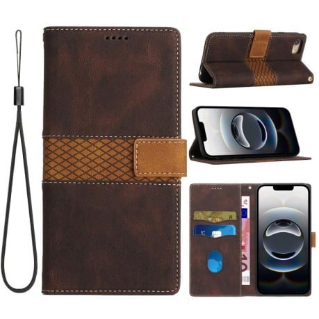 Чохол-книжка Grid Stitching Leather Phone Case with Lanyard для iPhone 16e - коричневий