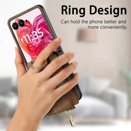 Чехол Cross Leather Ring Vertical Zipper Wallet для Motorola Razr 60 Ultra - коричневий