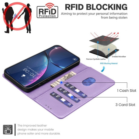 Чехол-книжка Litchi Texture RFID Anti-theft Leather для Xiaomi Redmi Note 14 5G/Poco M7 Pro 5G - фиолетовый