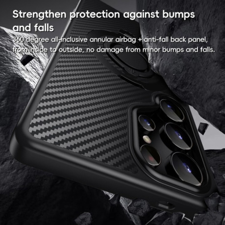 Противоударный чехол Carbon Fiber MagSafe 360 Degree Rotating Holder на Samsung Galaxy S25 Ultra 5G - черно-серый