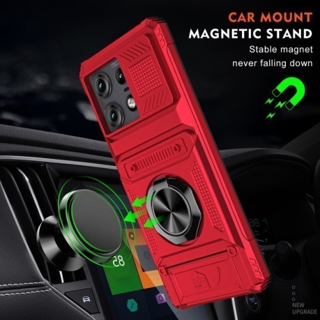 Чохол протиударний Shockproof Card Slot Phone Case with Metal Ring Holder для Motorola Edge 50 Pro - червоний