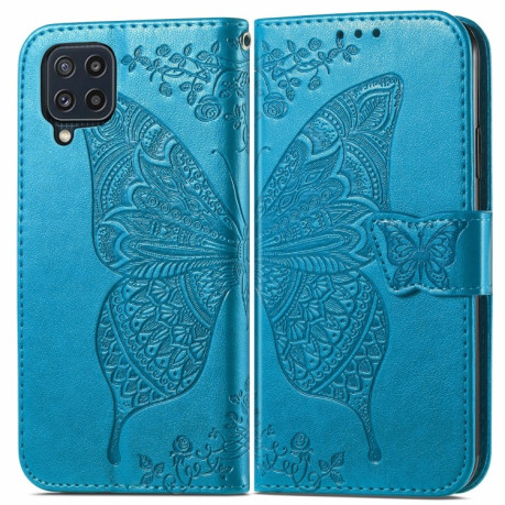 Чехол-книжка Butterfly Love Flowers Embossing на Samsung Galaxy M32/A22 4G - синий