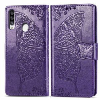 Чехол-книжка Butterfly Love Flowers Embossing на Samsung Galaxy A20S -темно-фиолетовый