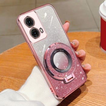 Противоударный чехол Plated Gradient Glitter Round Holder для Motorola Moto G85 - розовый