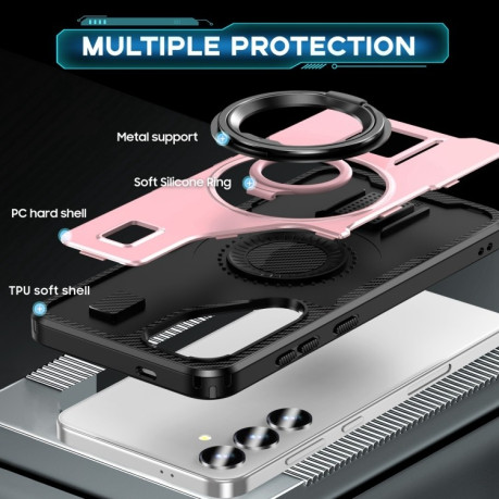 Противоударный чехол Ring Holder Carbon Fiber PC Hybrid TPU для Samsung Galaxy S25+ 5G - розовое золото