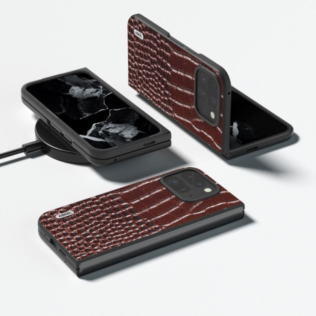 Противоударный чехол ABEEL Crocodile Texture Genuine Leather для Google Pixel 9 Pro Fold - кофейный