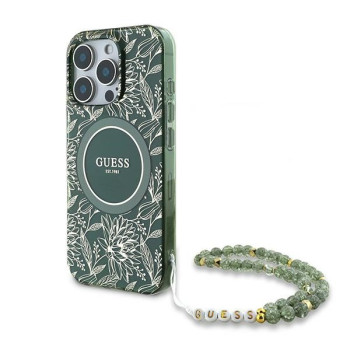 Оригінальний чохол Guess IML Flowers Allover Electro With Pearl Strap MagSafe для iPhone 16 Pro - green