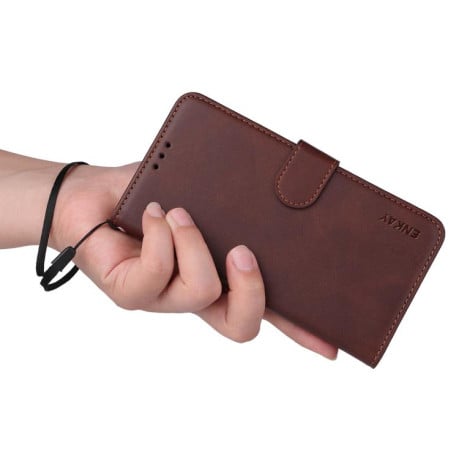 Чехол-книжка ENKAY- кошелёк c фактурой calf + стекло на Xiaomi Redmi 15C 5G / 4G EU 173.1mm - коричневый