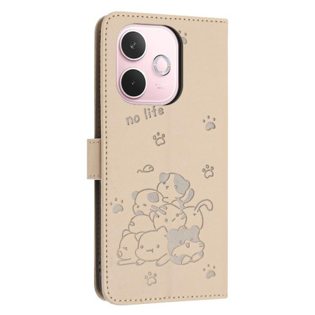 Чехол-книжка Embossed Kitten Phone Leather для OPPO A5 Pro 5G Global - бежевый
