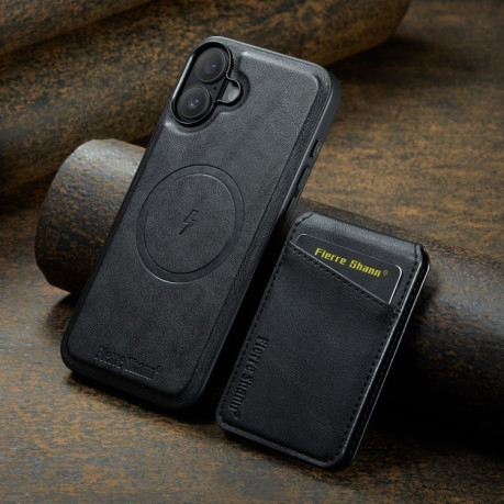 Чохол Fierre Shann Oil Wax Cow Leather Magnetic Card Holder на iPhone 16 - чорний