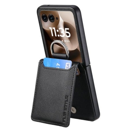 Протиударний чохол Litchi Texture Leather Ring Wallet  на Motorola Razr 60 Ultra - чорний