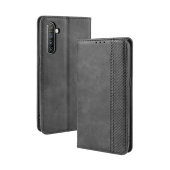 Кожаный чехол- книжка Magnetic Buckle Retro Crazy Horse Texture на Realme XT/K5/X2 - черный