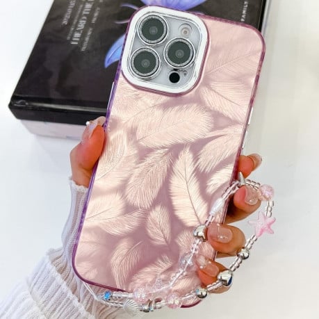 Чохол протиударний Plating Glitter Texture Chain для iPhone 16 Pro - Pink Feathers