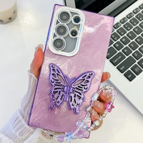 Противоударный чехол Plating Glitter Lens Film Texture Butterfly Holder Wristband для Samsung Galaxy S25 Ultra 5G - Purple Tinfoil Texture