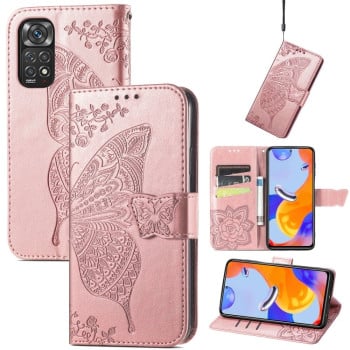 Чехол-книжка Butterfly Love Flower Embossed на Xiaomi Redmi Note 12 Pro 4G/11 Pro Global(4G/5G)/11E Pro - розовое золото