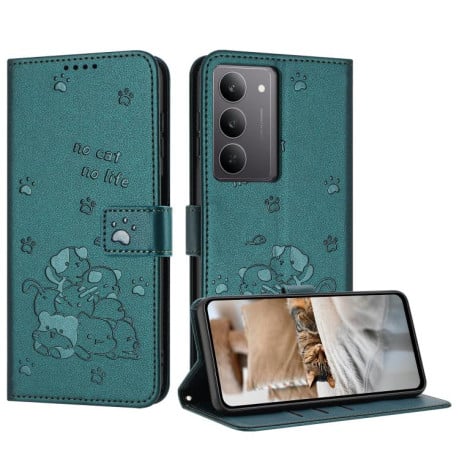 Чехол-книжка Embossed Kitten Phone Leather на Realme C75 / V60 Pro - зеленый
