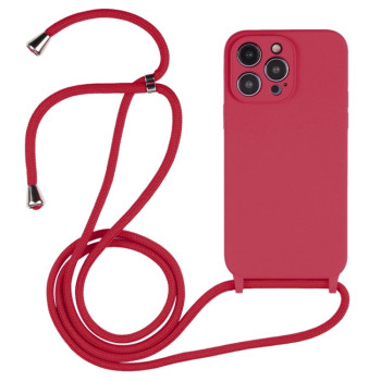 Чехол Crossbody Lanyard Liquid Silicone Caseна iPhone 15 Pro - пурпурно-красный