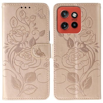 Чехол-книжка Rose Butterfly Embossed Leather на Motorola Edge 60 Neo 5G — розовое золото
