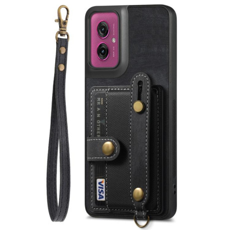 Противоударный чехол Retro Cross Wristband Wallet Leather для Motorola Moto G55 - черный