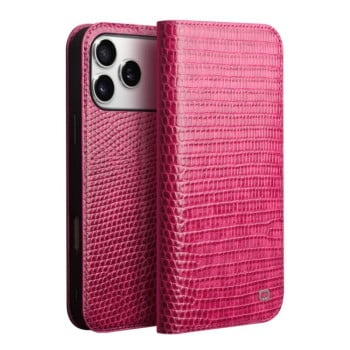 Кожаный чехол-книжка QIALINO Crocodile Texture на iPhone 17 Pro - пурпурно-красный