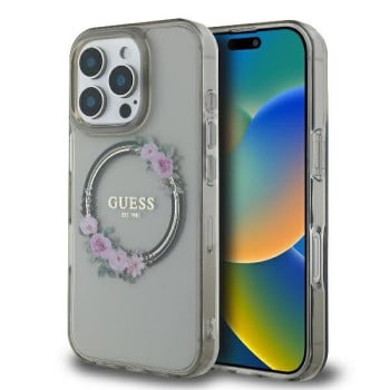 Оригинальный чехол Guess IML Flowers Wreath MagSafe для iPhone 16 Pro - Black