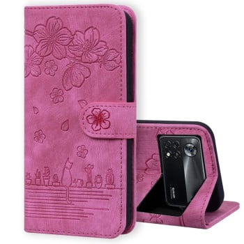 Чехол-книжка Cartoon Sakura Cat для Xiaomi Poco M4 Pro 4G - пурпурно-красный