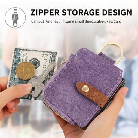 Чехол Cross Leather Ring Vertical Zipper Wallet для Motorola Razr 60 Ultra - фіолетовий