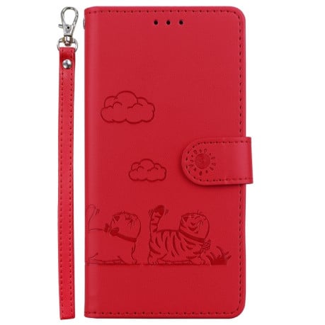 Чехол-книжка с тиснением &quot;Cute Cats&quot; и защитой от сканирования RFID на Samsung Galaxy A07 4G / A06 4G / 5G - красный