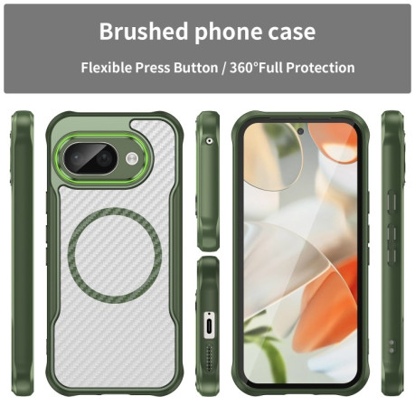 Ударозащитный чехол Carbon Fiber Texture MagSafe Translucent на Google Pixel 9a - зеленый