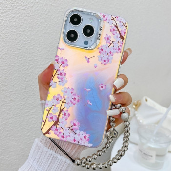 Чехол Electroplating Laser Flower Phone Case with Wrist Strap на iPhone 16 Pro Max - Peach Blossom