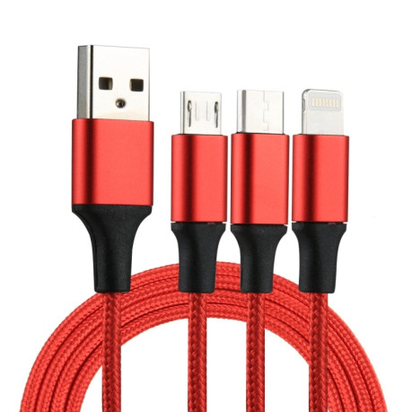 Универсальный Зарядный кабель 2A 1.2m 3 in 1 USB to 8 Pin &amp; USB-C / Type-C &amp; Micro USB Nylon Weave Charging Cable - красный