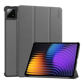 Чехол ENKAY Tri-fold Custer Texture Leather Smart для Xiaomi Pad 7 / 7 Pro - серый