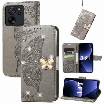 Чохол-книжка Rhinestones Butterfly Love Flower Embossed для Xiaomi 13T / 13T Pro - сірий