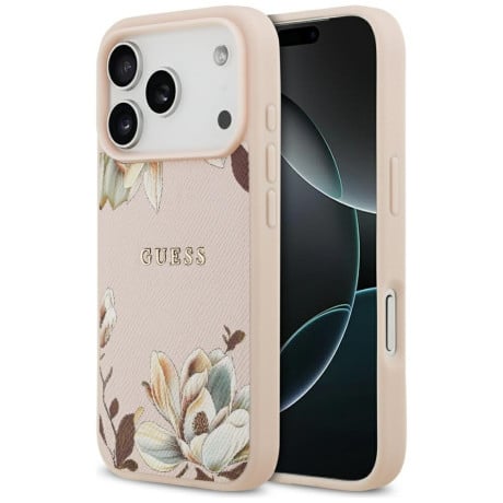 Оригинальный чехол Guess Grained Flowers Classic Logo с MagSafe на iPhone 17 Pro - Pink
