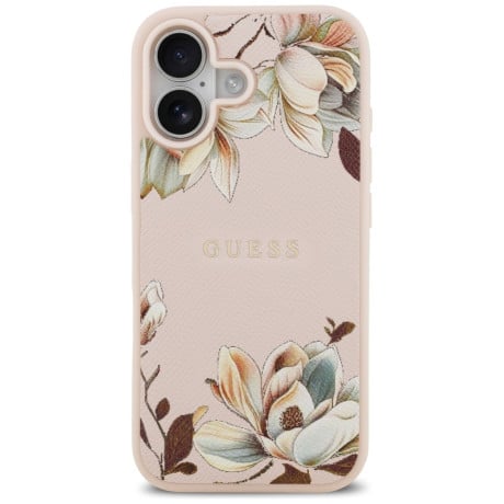 Оригинальный чехол Guess Grained Flowers Classic Logo с MagSafe на iPhone 17 - Pink