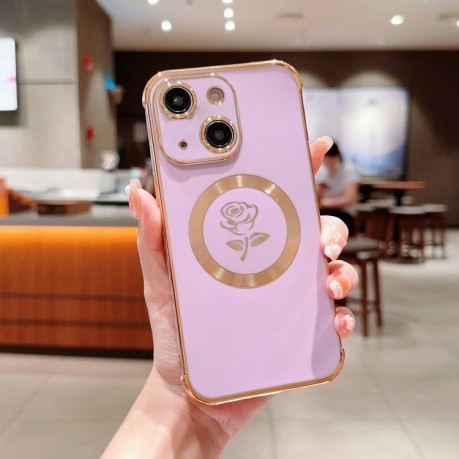 Противоударный чехол Electroplate Side Roses Flower MagSafe для iPhone 15 - фиолетовый
