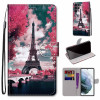 Чехол-книжка Coloured Drawing Cross для Samsung Galaxy S22 Ultra 5G - Pink Flower Tower Bridge