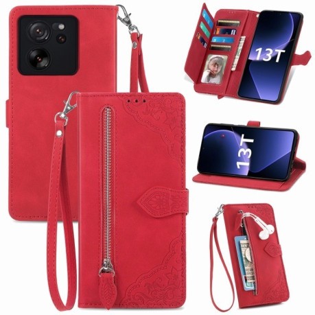 Чехол-книжка Embossed Flower Zipper Leather на Xiaomi Redmi Note 13 5G - красный